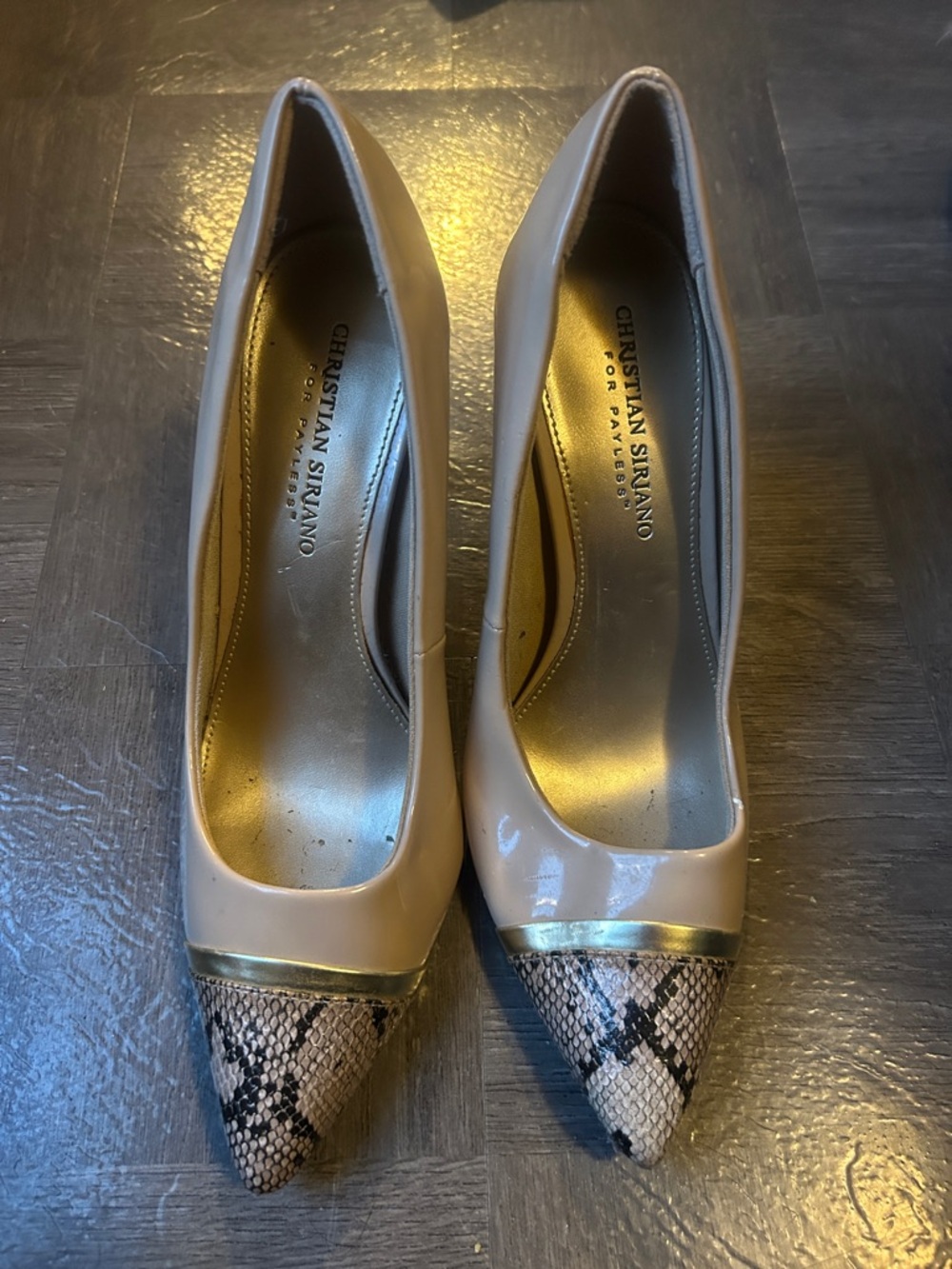 Christian Siriano Nude Pointed Toe Pumps with Snake-Print Cap